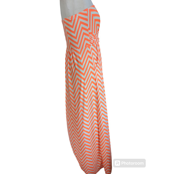 Large Yetts Los Angeles orange cream Chevron women's strapless maxi dress #13 - Picture 2 of 5